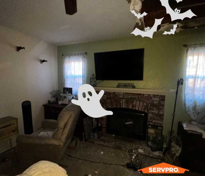 picture is of a ceiling that collapsed inside a living room and portions of the ceiling have fallen to the ground