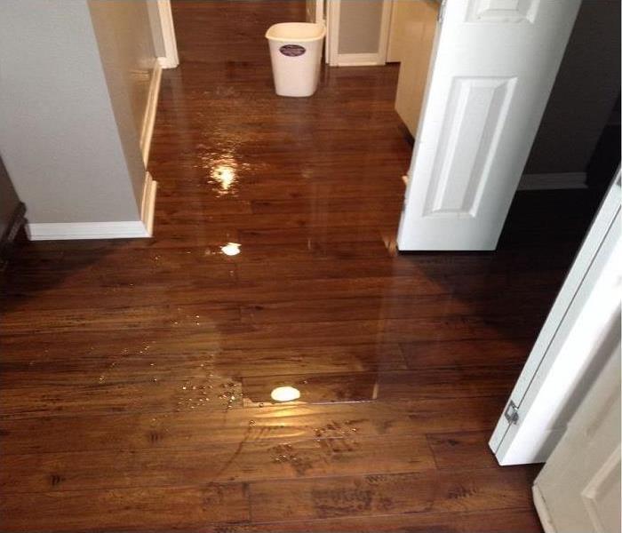 hallway in home with brown wood floors with water that flooded sitting on top of floors